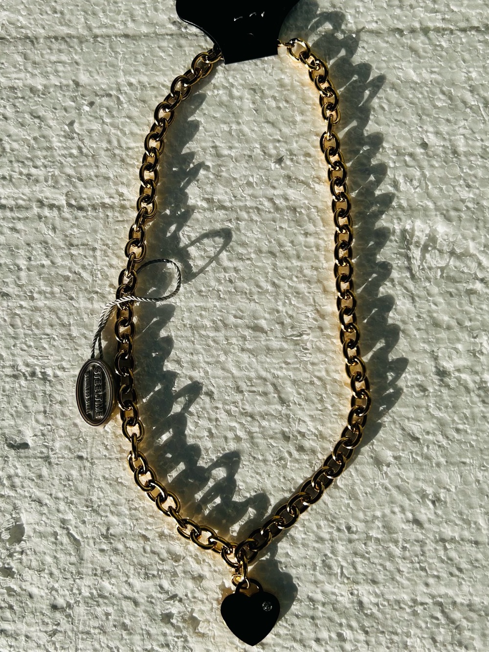 Gold-Tone Chain Necklace with Black Heart Pendant by Unbranded